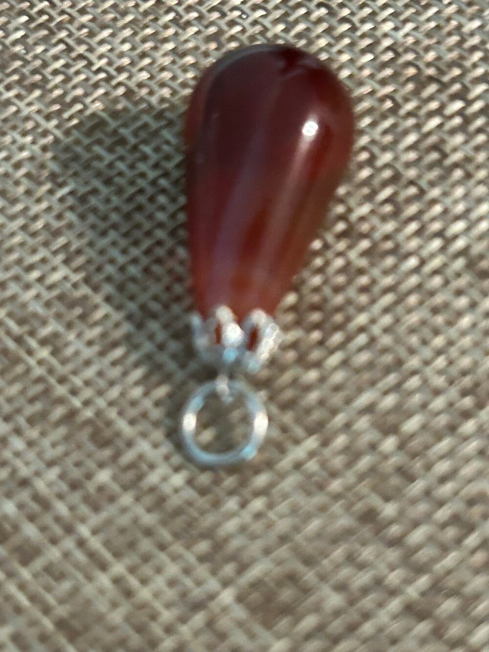 Natural Carnelian Agate Teardrop Pendant Translucent Red Orange Silver Tone